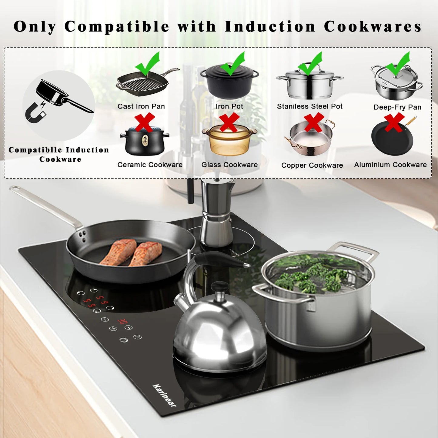 Karinear Built-in Induction Cooktop with 4 Burners with Plug, Touch Control, Timer Safety Lock, 3500W