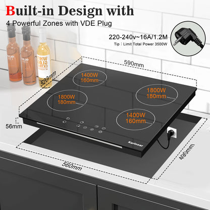 Karinear Built-in Induction Cooktop with 4 Burners with Plug, Touch Control, Timer Safety Lock, 3500W