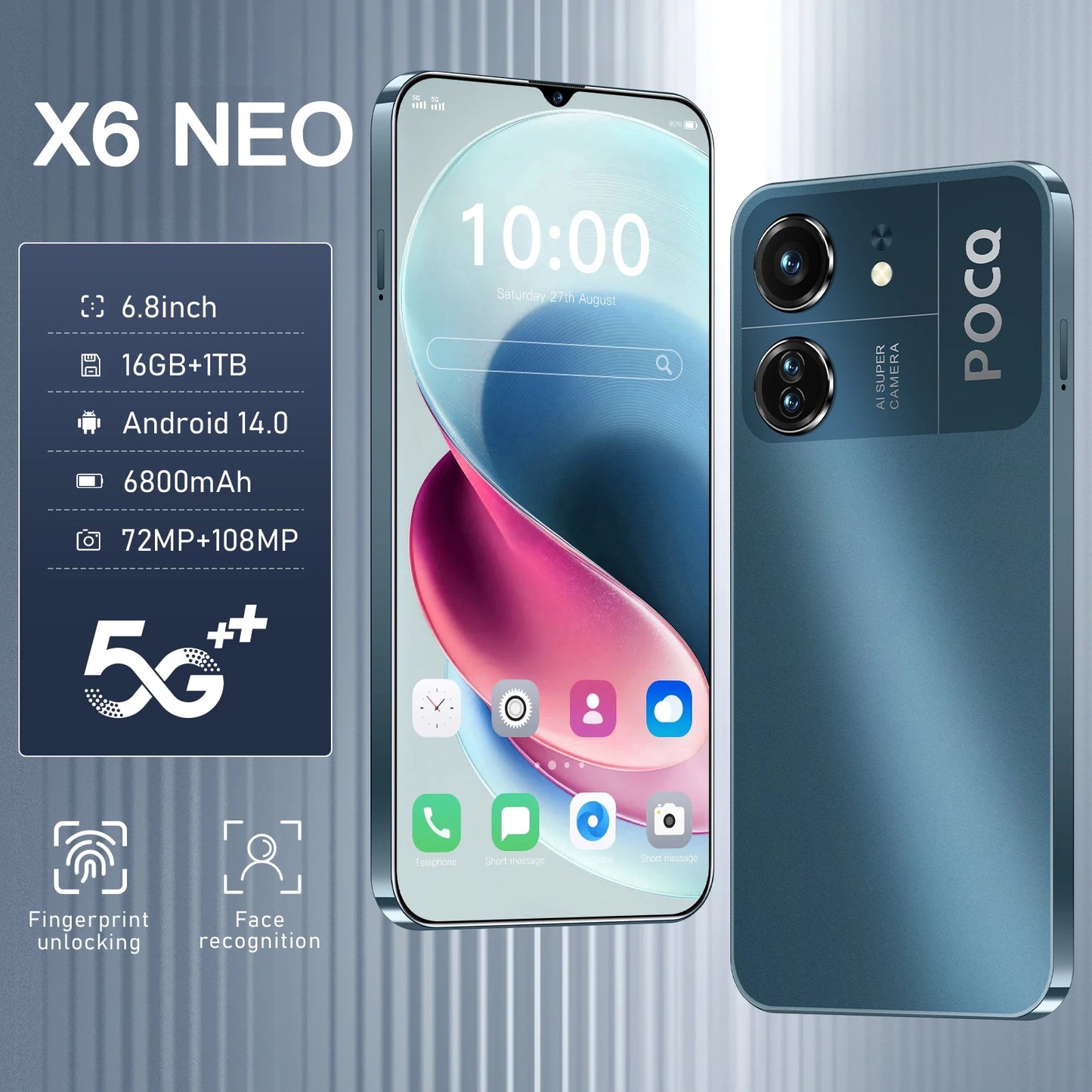 2024 New X6 NEO Smartphone 6.8 inch Full Screen 4G/5G Cell Phone 16TB+1TB 8000mAh Mobile Phones 108MP Global Version Celulares