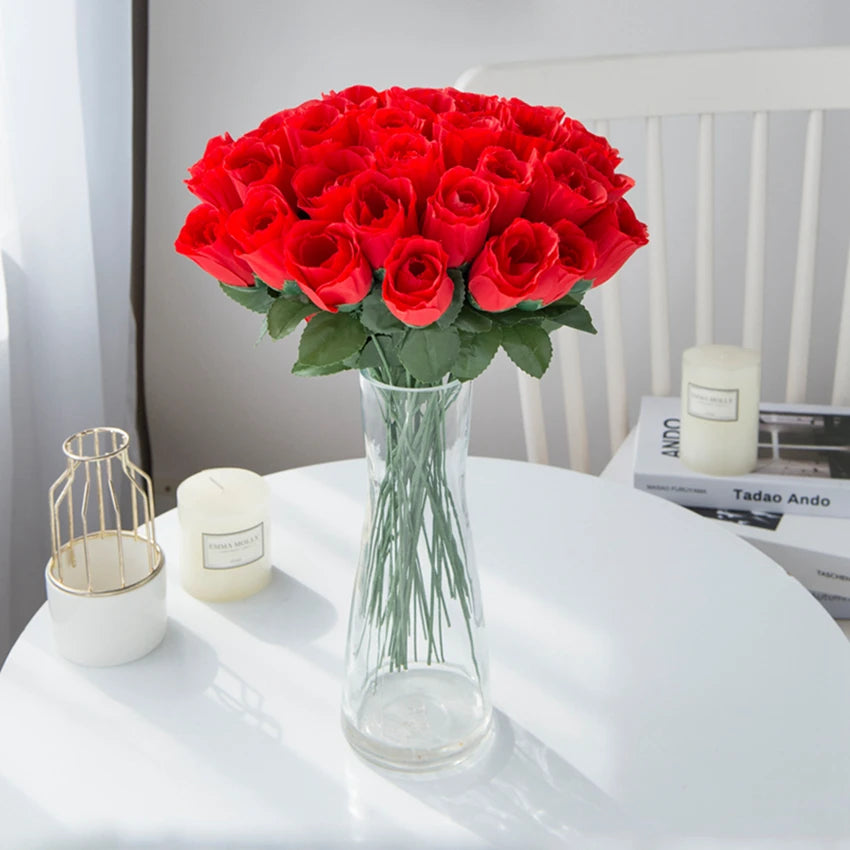 10Pcs Red Roses Bouquet Vase for Home Decor Garden Wedding Decorative Wreaths Diy Handwork Flower Arrangement Artificial Flowers