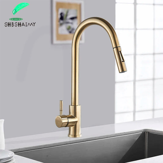 SHBSHAIMY Nickle Gold Kitchen Faucets Stainless Steel Pull Down  Stream Sprayer Deck Mount  Water Sink Taps Black Brushed