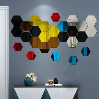 12/24Pcs 3D Hexagon Mirror Wall Stickers DIY Removable Self Adhesive Aesthetic Mosaic Tiles Decals Mirror Home Decoration