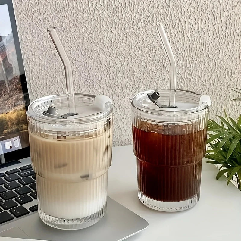 1pc 450ml Stripe Glass Cup Transparent Glasses With Lid and Straw Ice Coffee Mug Tea Cup Juice Glass Milk Water Cup Drinkware