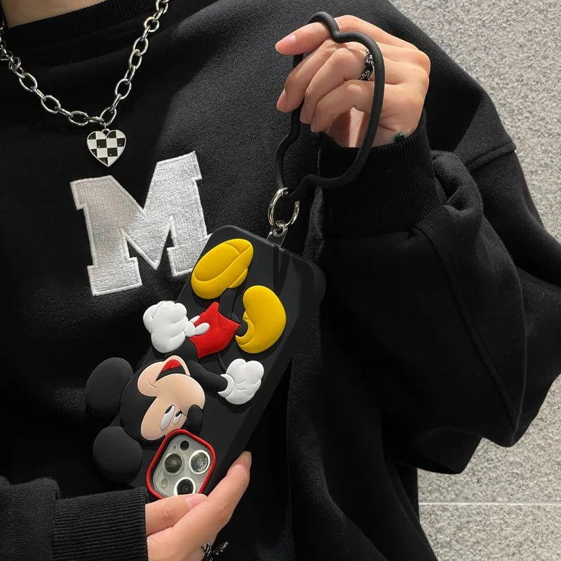 MINISO 3D Mickey Mouse Silicone Phone Case with Lanyard for IPhone 15 14 13 12 11 Pro X XS XR Max Shockproof Cover Soft Shell