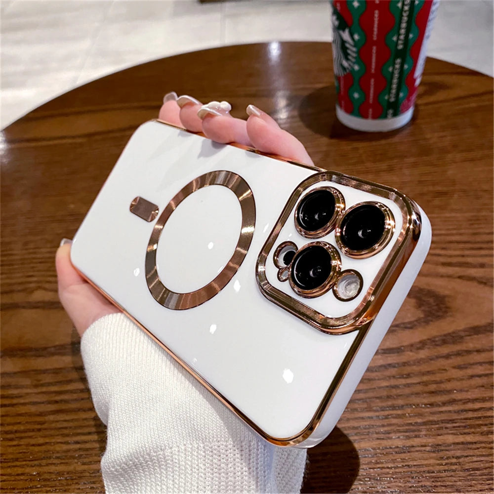 For iPhone 15 Pro Max Luxury Magsafe Magnetic Square Plating Frame Phone Case For iPhone 11 12 13 14 Plus Lens Protective Cover