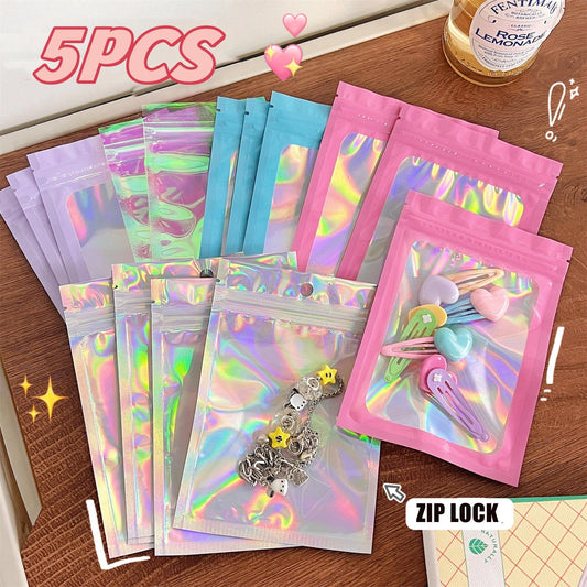 1-5pcs Pink Holographic Rainbow Laser Zip Lock Bags Resealable Plastic Packaging Nail Beauty Beads Jewel Trinkets Gifts Pouch