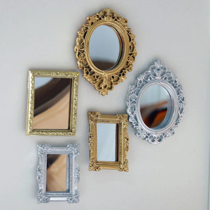 Mini Vintage Carved Mirror Retro Self-adhesive Wall Mounted Mirror Gold and Silver Color Makeup Vanity Home Decorative Mirrors