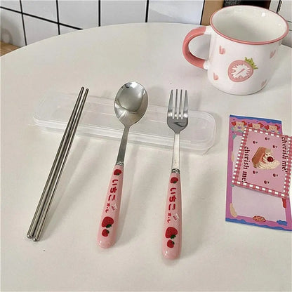 Cute Cartoon 304 Stainless Steel Tableware Spoon Fork Chopsticks Set Children Students Travel Tableware Gift Kitchen Accessories