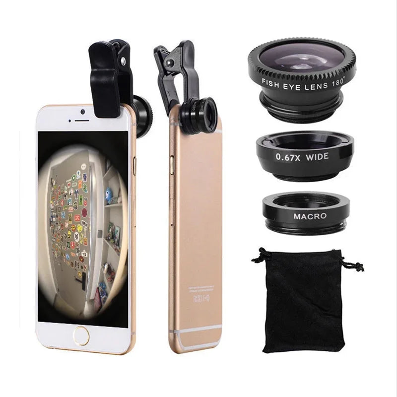 3in1 Fisheye Wide Angle Micro Camera Lens for iPhone Xiaomi Redmi 3IN1 Zoom Fish Eye Len on Smartphone Lenses with Phone Clip