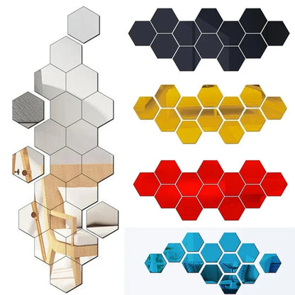 12/24Pcs 3D DIY Removable  Hexagon Mirror Wall Stickers Self Adhesive Aesthetic Mosaic Tiles Decals Mirror Home Decoration