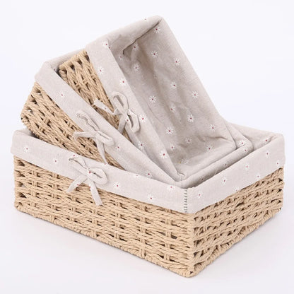 Handwoven Storage Baskets Sundries Organizer with Lid Rectangular Cosmetics Box Clothes Laundry Basket Towel Toys Container