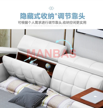 King/Queen Size Multifunctional Bed Tech Smart Beds Ultimate Camas TATAMI Massage Lit Genuine Leather Upholstered Bed with Audio