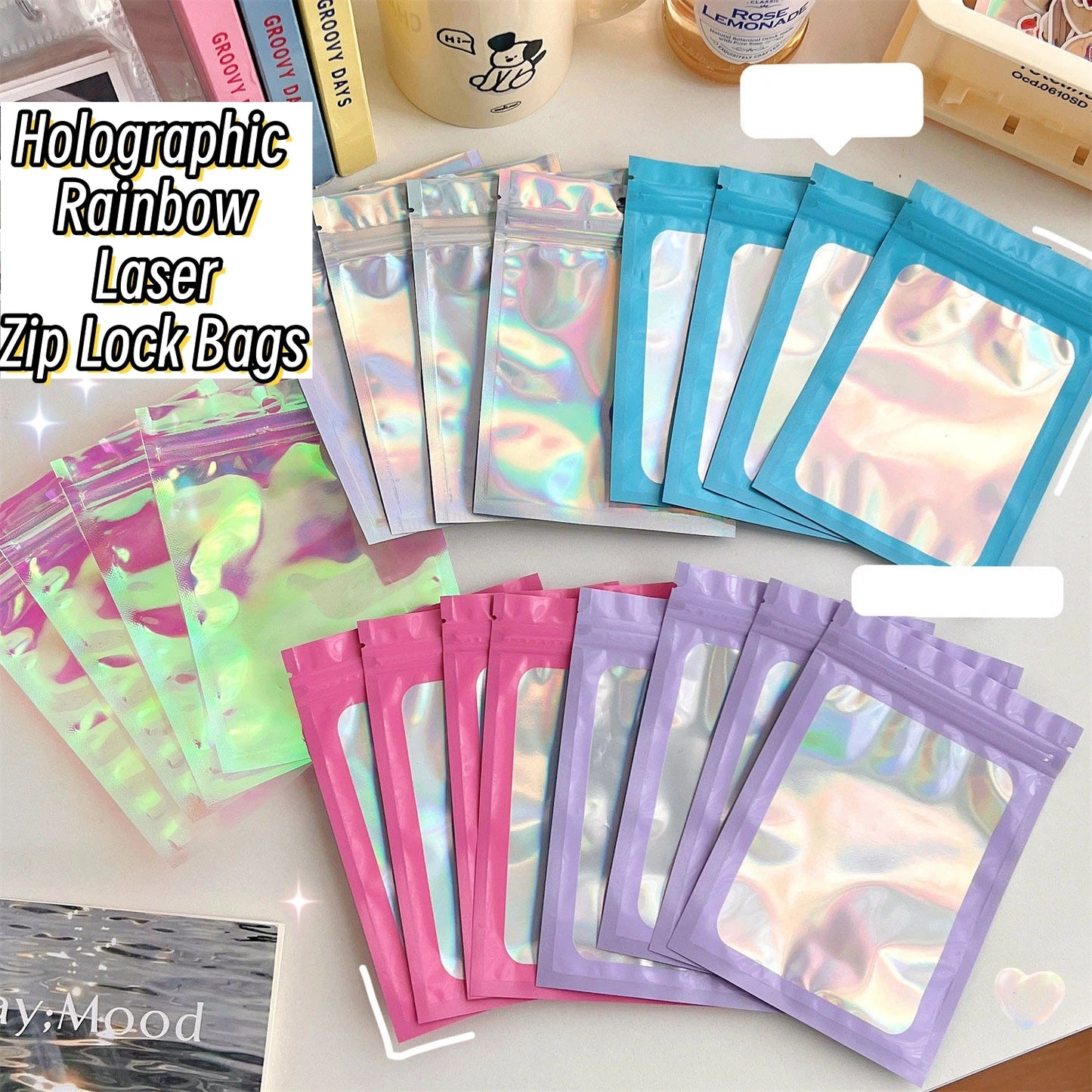 1-5pcs Pink Holographic Rainbow Laser Zip Lock Bags Resealable Plastic Packaging Nail Beauty Beads Jewel Trinkets Gifts Pouch