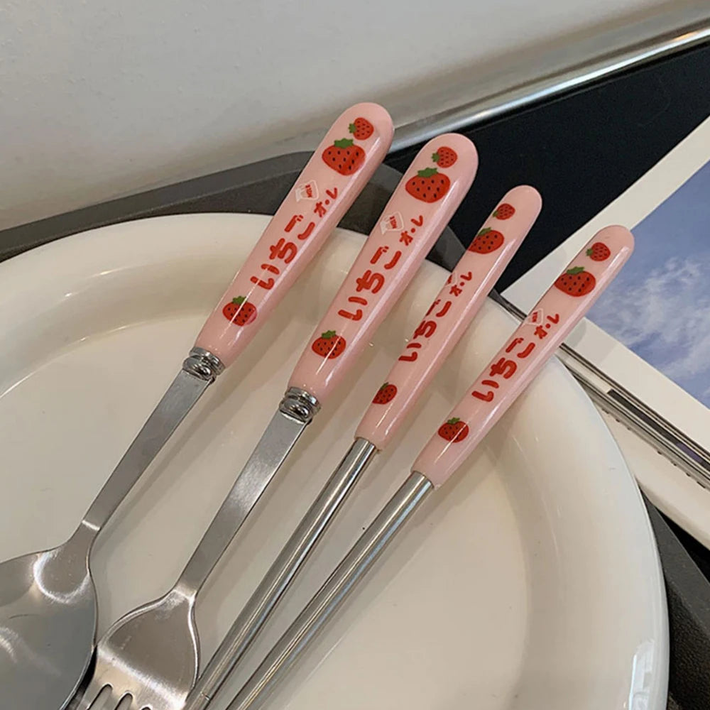 Cute Cartoon 304 Stainless Steel Tableware Spoon Fork Chopsticks Set Children Students Travel Tableware Gift Kitchen Accessories