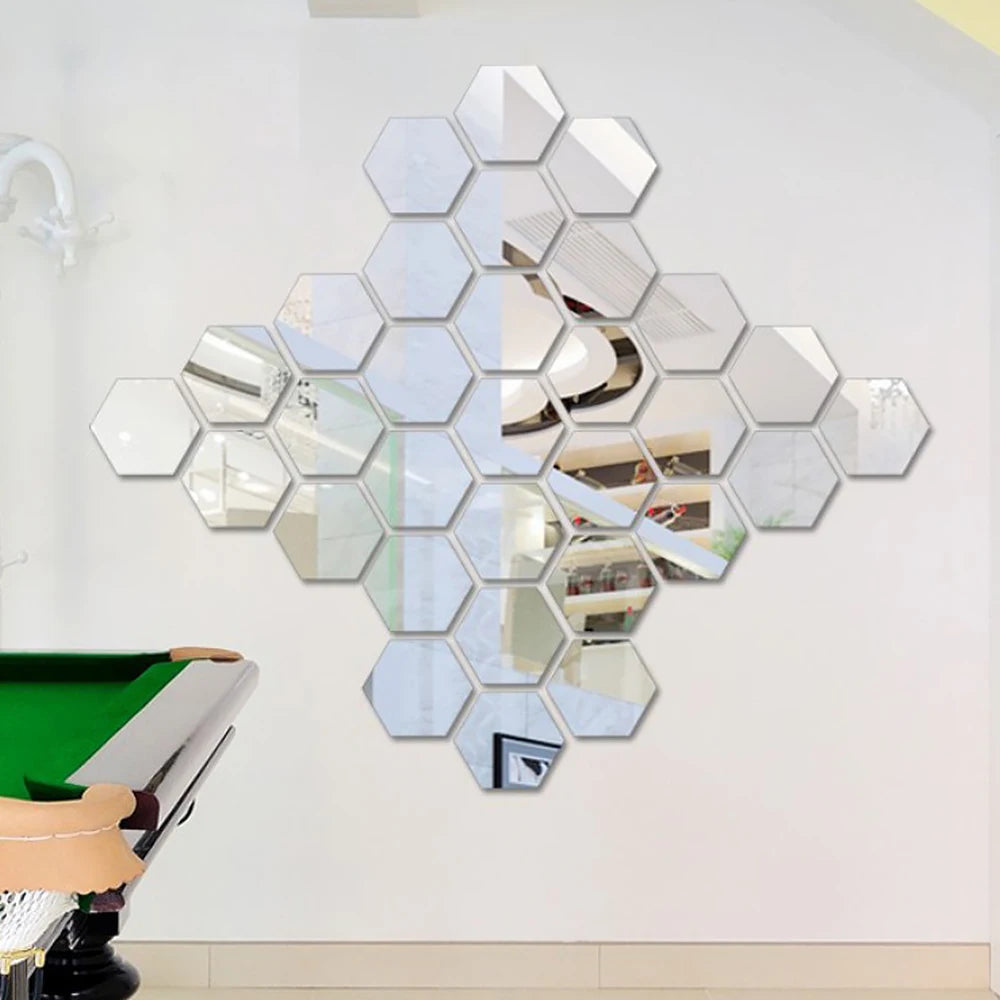 48Pcs Modern Acrylic Mirror Wall Sticker Self Adhesive Removable Hexagon Livingroom Bathroom Bedroom Wall Decoration Mirror