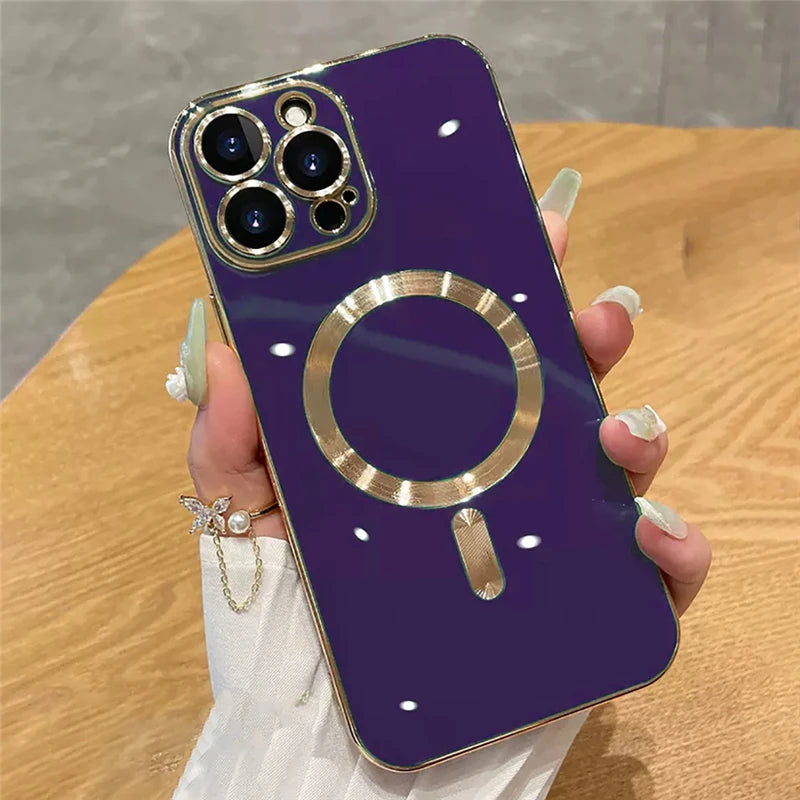 For iPhone 15 Pro Max Luxury Magsafe Magnetic Square Plating Frame Phone Case For iPhone 11 12 13 14 Plus Lens Protective Cover