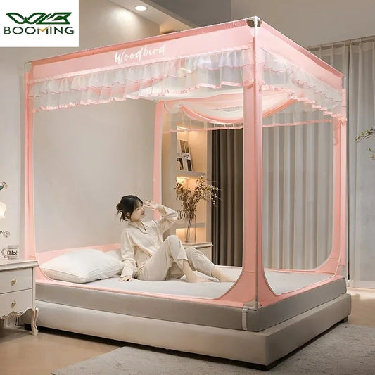 Pink Mosquito Net Encrypted Mesh Three Door Opening with Base Anti Fall Zipper Mosquito Net Bed Room Decoration