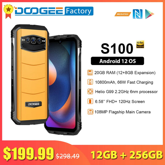 DOOGEE S100 12GB 256GB Flagship Smartphone 10800mAh 66W Fast Charge 108MP Rugged Mobile Phone 6nm Octa Core Android 12 Cellphone