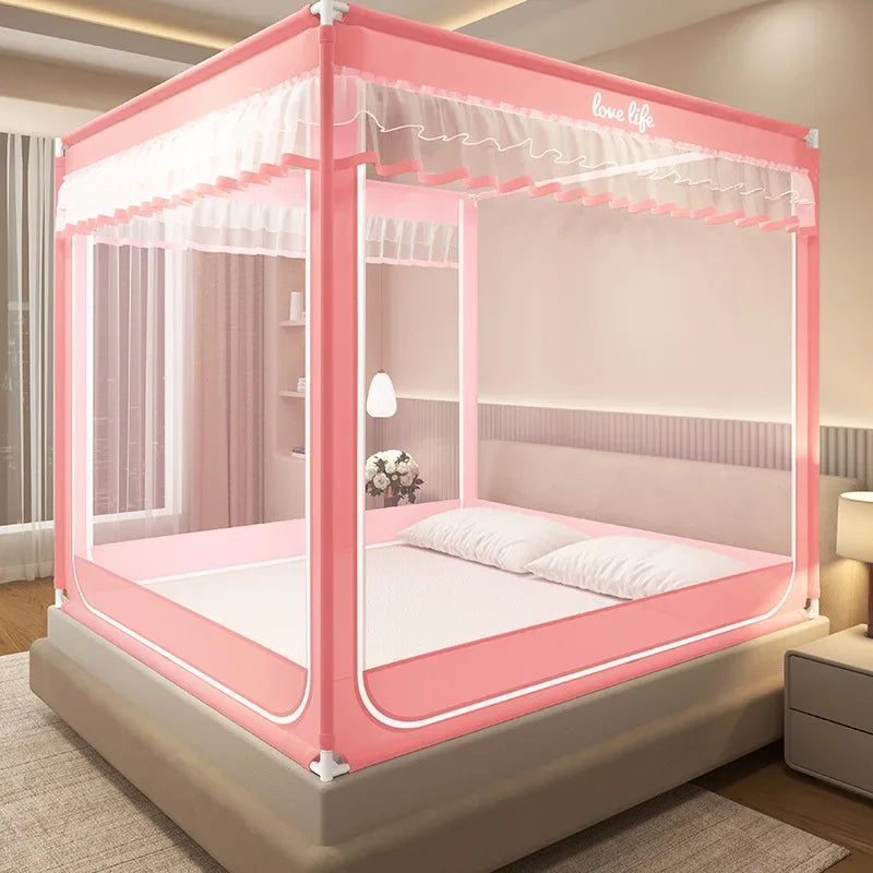 Pink Mosquito Net Encrypted Mesh Three Door Opening with Base Anti Fall Zipper Mosquito Net Bed Room Decoration