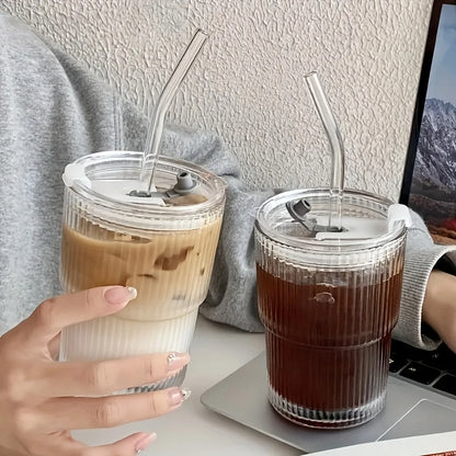 1pc 450ml Stripe Glass Cup Transparent Glasses With Lid and Straw Ice Coffee Mug Tea Cup Juice Glass Milk Water Cup Drinkware