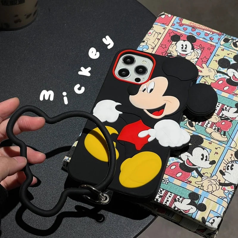 MINISO 3D Mickey Mouse Silicone Phone Case with Lanyard for IPhone 15 14 13 12 11 Pro X XS XR Max Shockproof Cover Soft Shell