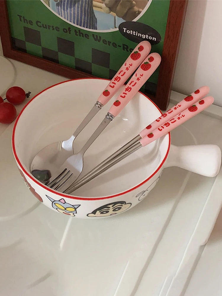 Cute Cartoon 304 Stainless Steel Tableware Spoon Fork Chopsticks Set Children Students Travel Tableware Gift Kitchen Accessories