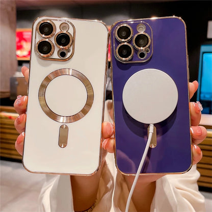 For iPhone 15 Pro Max Luxury Magsafe Magnetic Square Plating Frame Phone Case For iPhone 11 12 13 14 Plus Lens Protective Cover