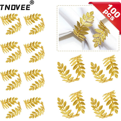 100Pcs Farmhouse Napkin Rings Wheat Napkin Holder Gold Leaf Serviette Ring for Wedding Thanksgiving Party Dinning Table Decor