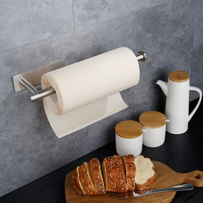 Wall-mounted Toilet Paper Towel Holder Self Adhesive Cabinet Organizer Rack Kitchen Storage Hook Stainless Steel Wall Shelf