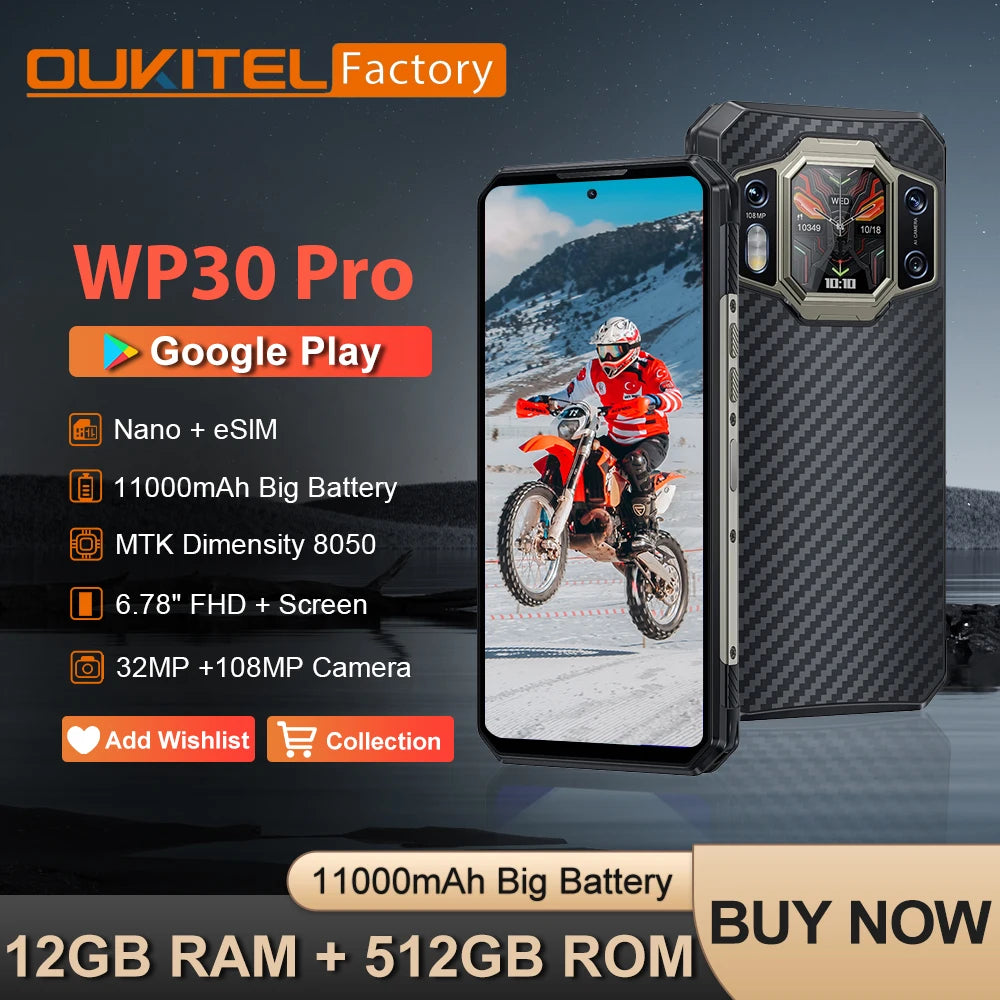 Oukitel WP30 Pro 5G Global Rugged Machine 120W Android 13 12GB+512GB 11000mAh 6.78" FHD+ 108MP Camera Support eSIM