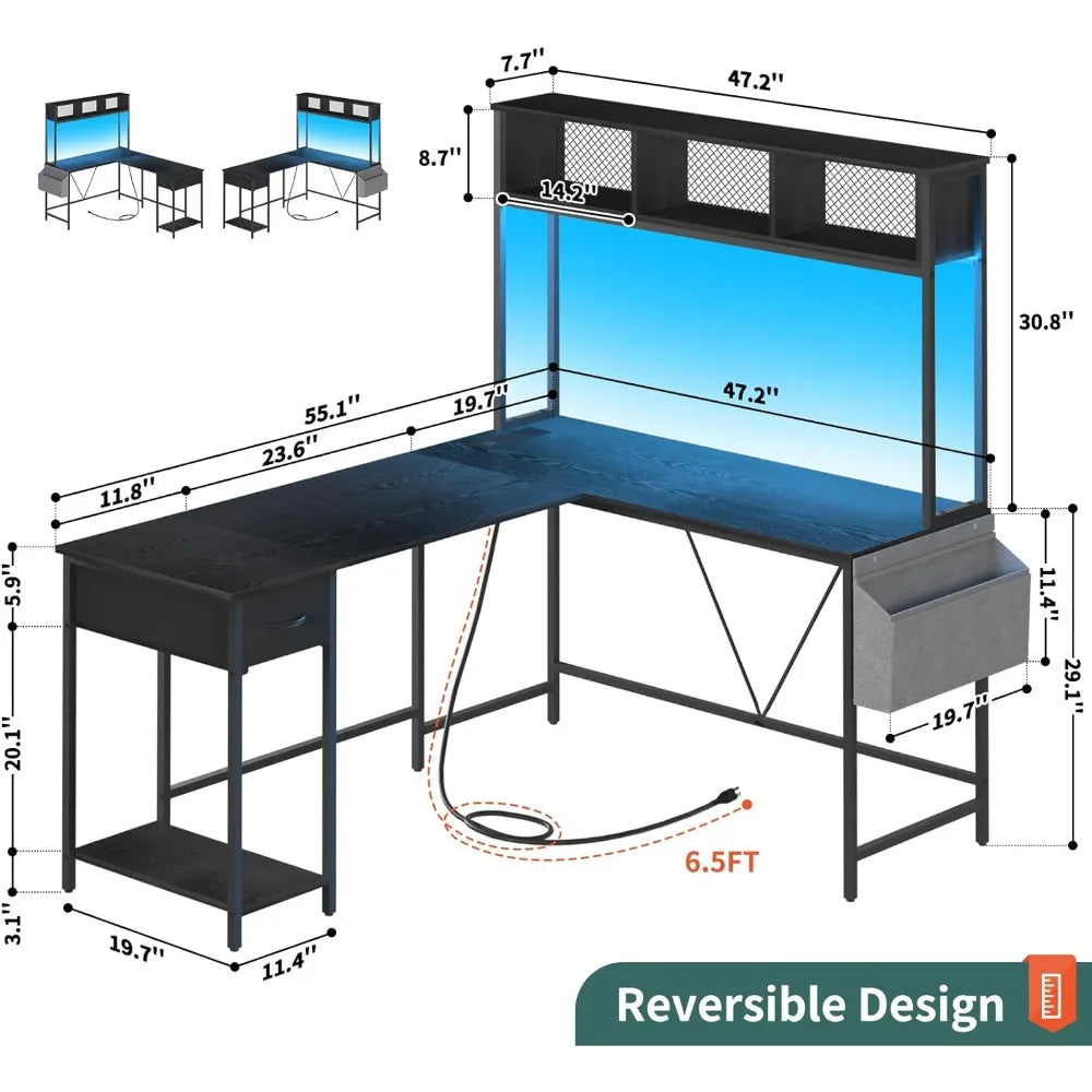 Gaming Desk with LED Strip & Power Outlet, Reversible L-Shaped Computer Desk with Storage Shelf & Drawer