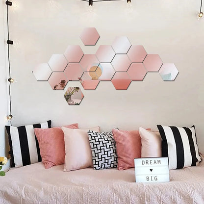 12PCS/Lot Geometric Solid Hexagonal Mirror Wall Stickers DIY With Built-in Adhesive and Removable Home Decoration