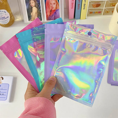 1-5pcs Pink Holographic Rainbow Laser Zip Lock Bags Resealable Plastic Packaging Nail Beauty Beads Jewel Trinkets Gifts Pouch