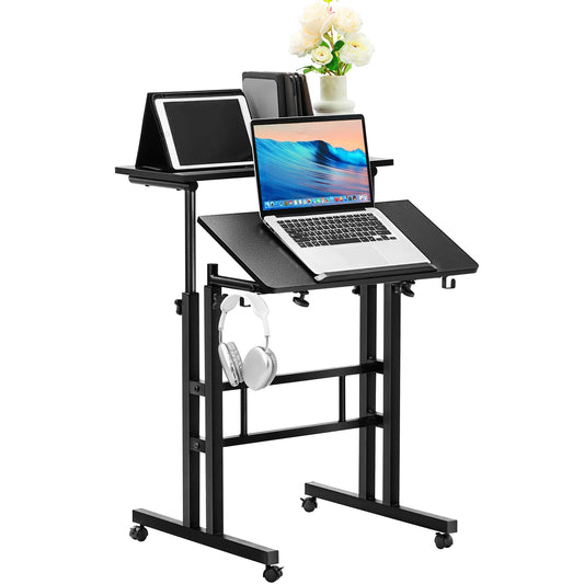 VEVOR 26.4"-44.9" Gas-Spring Height Adjustable Sit-Stand Desk with 360° Swivel Wheels Home Office Rolling Laptop Table Tiltable