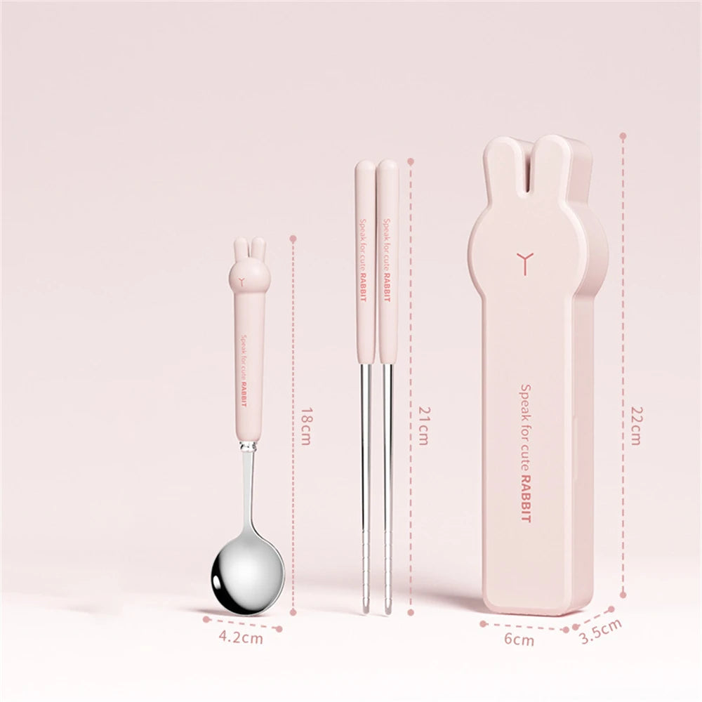 Cute Cartoon 304 Stainless Steel Tableware Spoon Fork Chopsticks Set Children Students Travel Tableware Gift Kitchen Accessories