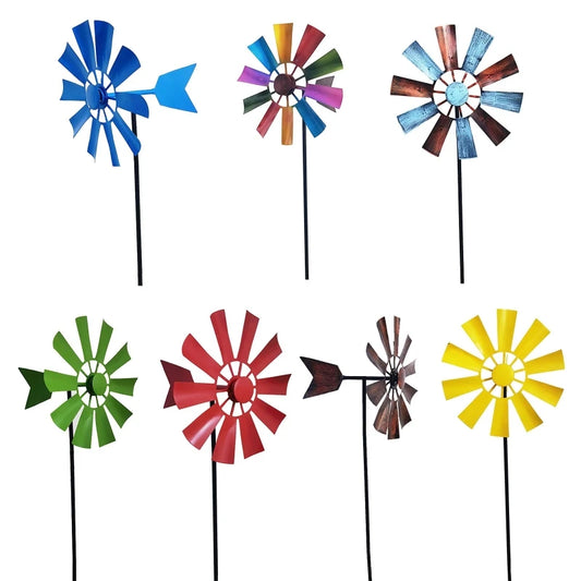 P82D Wrought Iron Rotating Windmill Metal Wind Spinner Landscape Ornament for Outdoor Courtyard Yard Lawn Pinwheel Decor