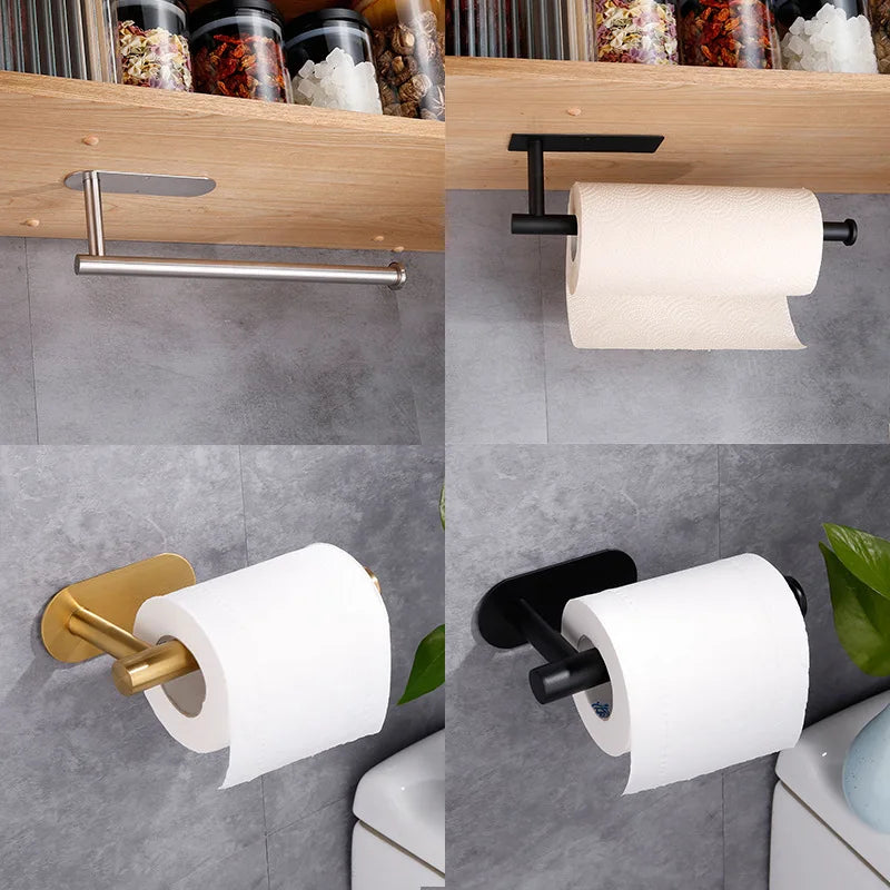 Wall-mounted Toilet Paper Towel Holder Self Adhesive Cabinet Organizer Rack Kitchen Storage Hook Stainless Steel Wall Shelf