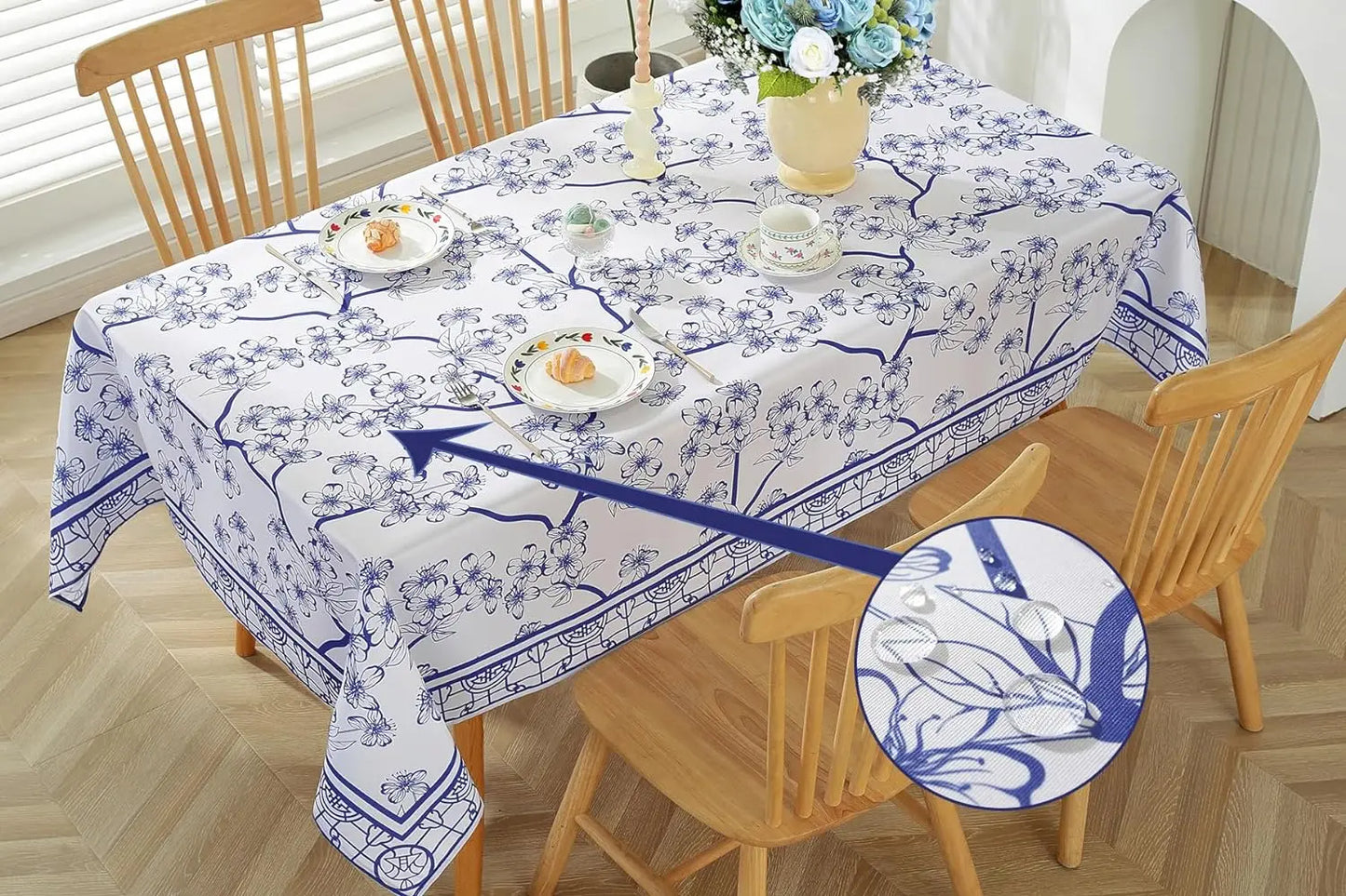 Summer Rectangle Tablecloths Spring Blue White WaterProof Table Cover Holiday Wedding Party Home Kitchen Dining Room Table Decor