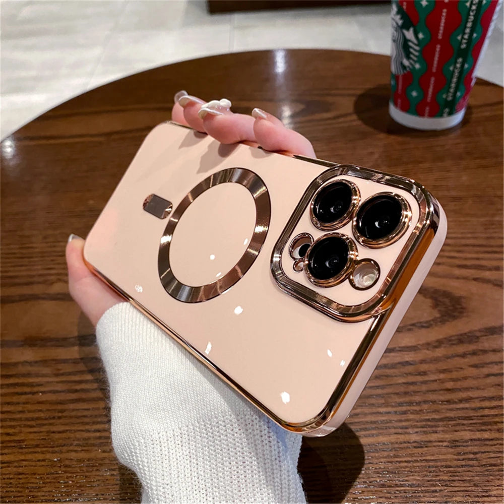 For iPhone 15 Pro Max Luxury Magsafe Magnetic Square Plating Frame Phone Case For iPhone 11 12 13 14 Plus Lens Protective Cover