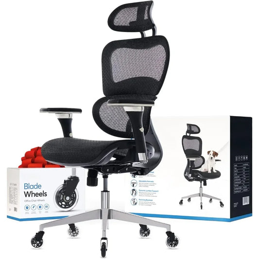 Ergonomic Office Chair, Rolling Desk Chair with 4D Adjustable Armrest, 3D Lumbar Support, Blade Wheels, Mesh Compu