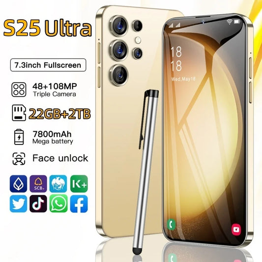 Mobile Phones S25 Ultra 7.3 HD Screen Smart Phone Original 22G+2T 5G Dual Sim Celulares Android Unlocked 108MP 7800mAh S24 Ultra