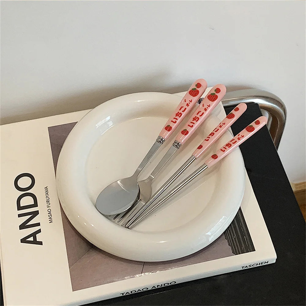 Cute Cartoon 304 Stainless Steel Tableware Spoon Fork Chopsticks Set Children Students Travel Tableware Gift Kitchen Accessories