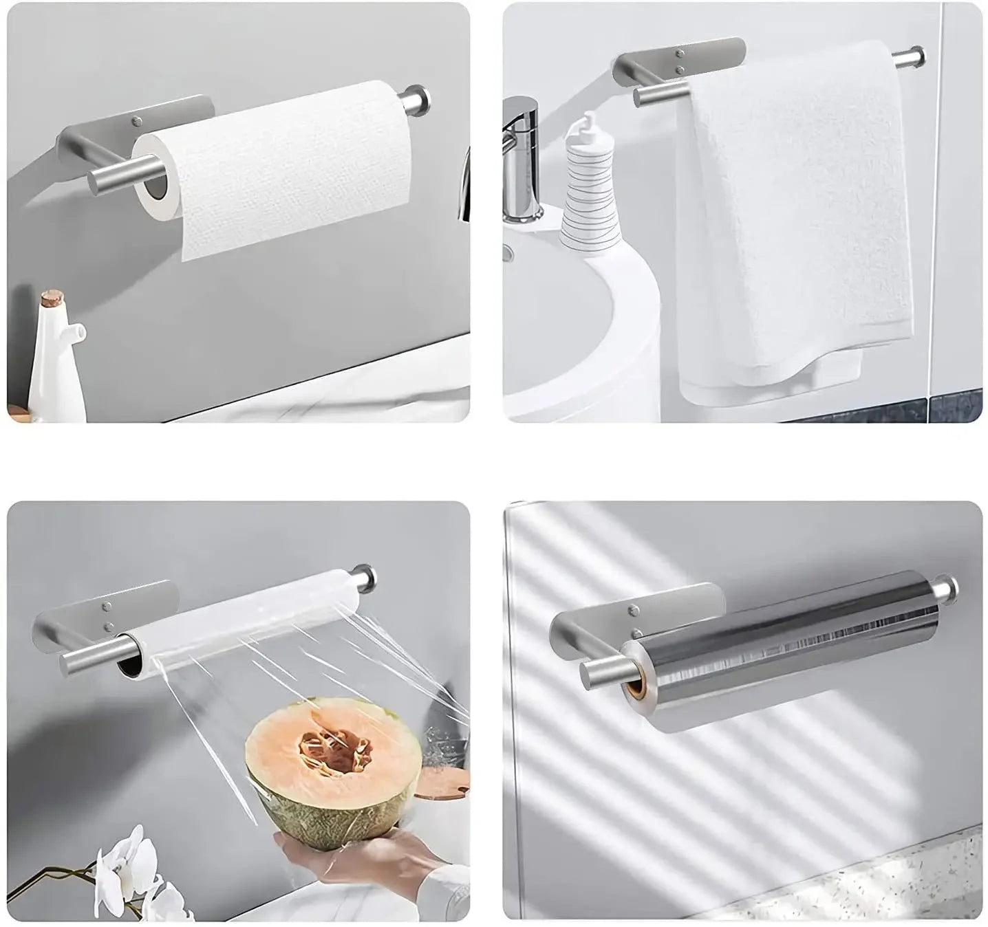 Wall-mounted Toilet Paper Towel Holder Self Adhesive Cabinet Organizer Rack Kitchen Storage Hook Stainless Steel Wall Shelf