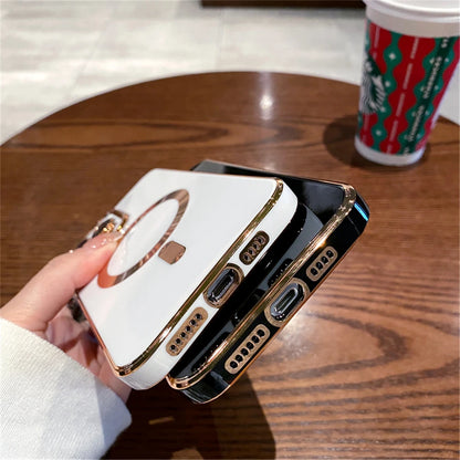 For iPhone 15 Pro Max Luxury Magsafe Magnetic Square Plating Frame Phone Case For iPhone 11 12 13 14 Plus Lens Protective Cover