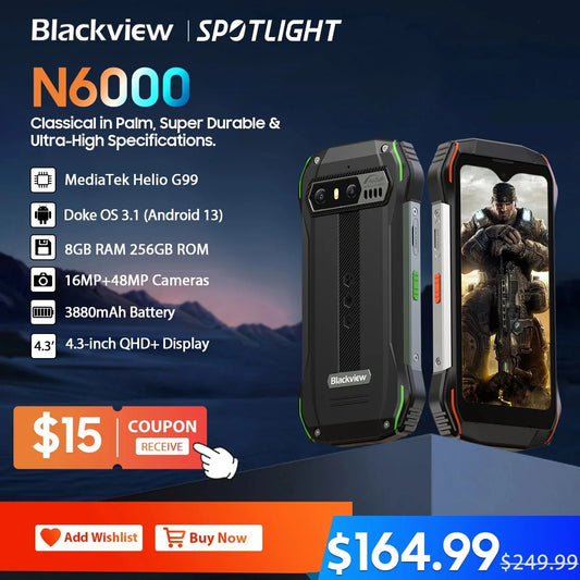 [World Premiere]Blackview N6000 Rugged Smartphone, Android 13 G99 Mobile Phone, 16GB 256GB 4.3''Display, 48MP Cameras Cellphones