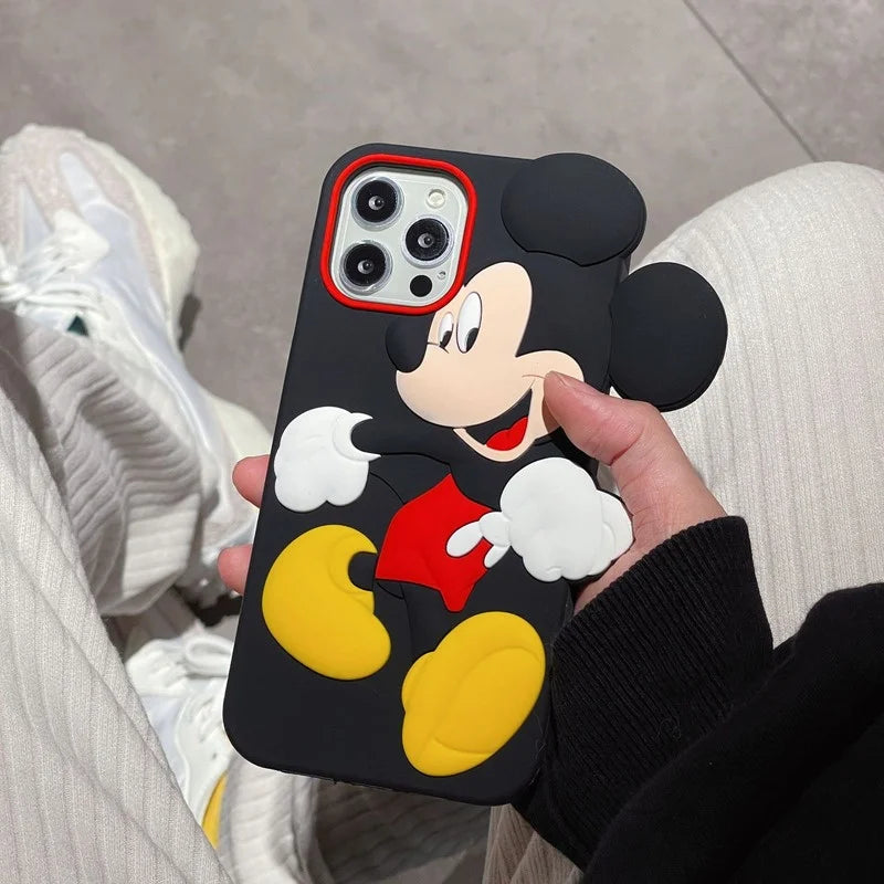 MINISO 3D Mickey Mouse Silicone Phone Case with Lanyard for IPhone 15 14 13 12 11 Pro X XS XR Max Shockproof Cover Soft Shell