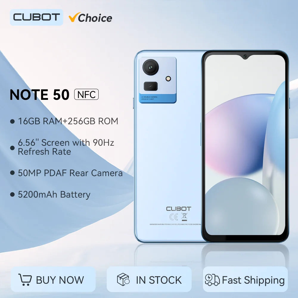 [Choice] Cubot NOTE 50, Android Smartphone, 256GB ROM, 16GB RAM (8GB+8GB Extended), 6.56-Inch 90Hz Screen, 50MP, 5200mAh, NFC