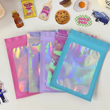 1-5pcs Pink Holographic Rainbow Laser Zip Lock Bags Resealable Plastic Packaging Nail Beauty Beads Jewel Trinkets Gifts Pouch