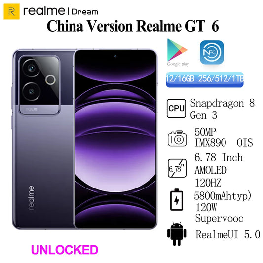 New Original Realme GT 6 Unlocked Snapdragon 8 Gen 3 6.78" 120Hz AMOLED 5800mAh 120W SuperVOOC 50MP IMX890 OIS NFC OTA