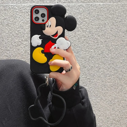 MINISO 3D Mickey Mouse Silicone Phone Case with Lanyard for IPhone 15 14 13 12 11 Pro X XS XR Max Shockproof Cover Soft Shell